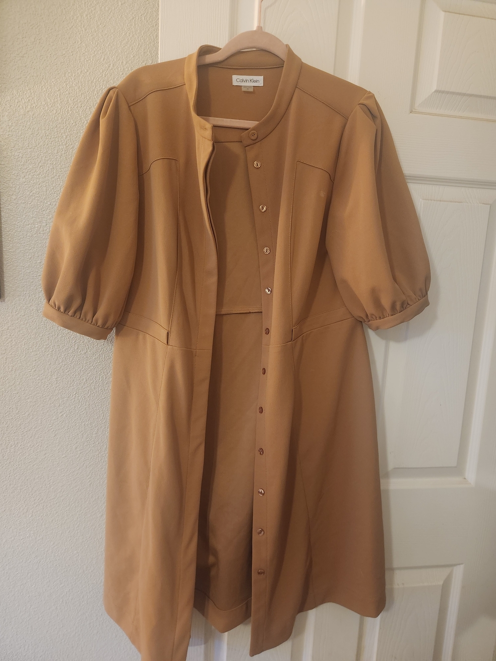Calvin Klein Camel Puff-Sleeve Button-Front Midi Dress